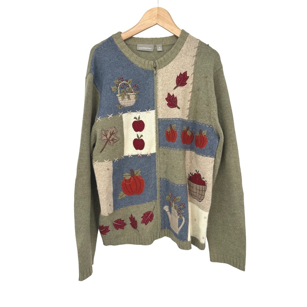 Croft & Barrow Full Zip Cardigan Sweater Womens M Fall Patchwork Pumpkin Apple